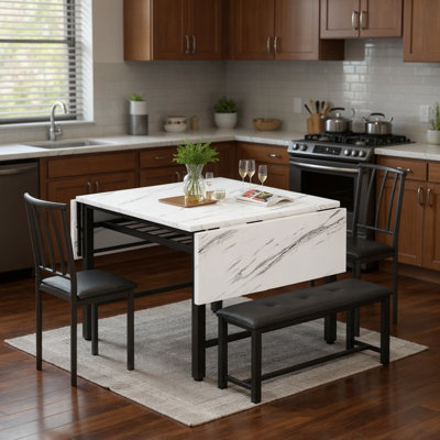 4-Piece Drop Leaf Dining Table Set For 3-6, 59" Extendable Kitchen Table Set With 1 Upholstered Bench & 2 Backrest Chairs, Modern Breakfast Dinette Table Set With Drop Leaf For Small Space