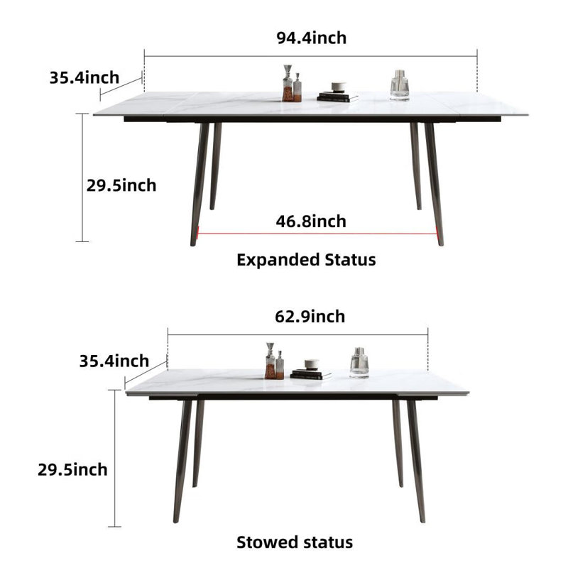 Table de salle à manger extensible en pierre frittée de 62,9 à 94,4 pouces, Blanc