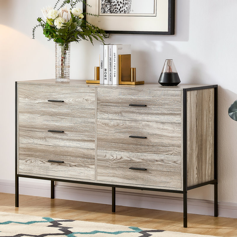 Oscar 6 Drawer Wide Industrial Chest of Drawers With Metal Frame, Grey