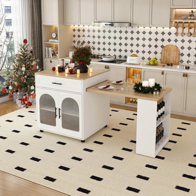 Expandable Kitchen Island with Dining Table with Power Outlet and 2 Drawers