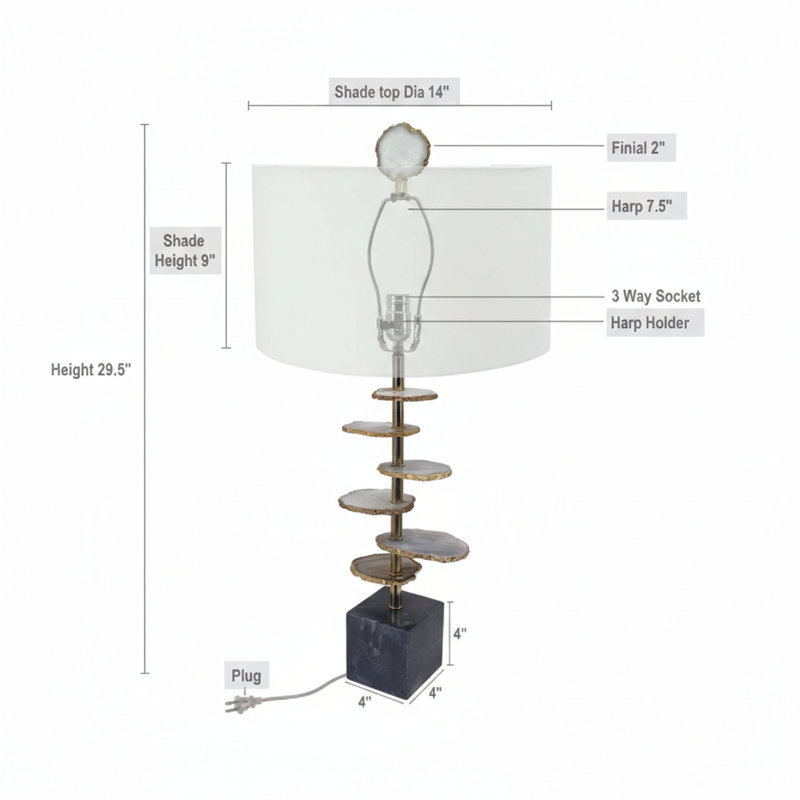 D14x29.5" Smoke Agate-Slice Table Lamp W/ Marble Base