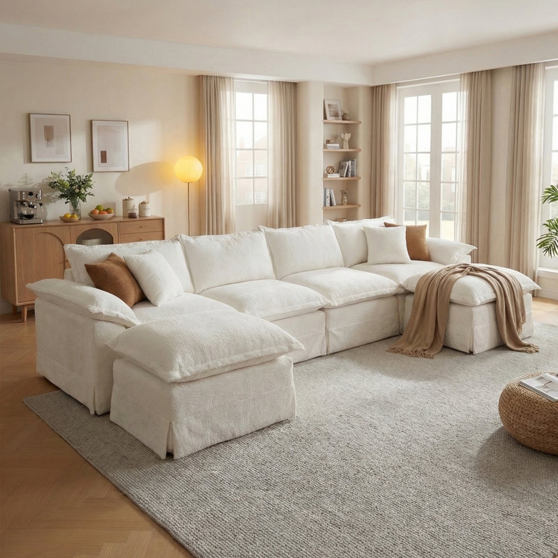 Canapé modulaire Boneless, canapé double confort en forme de U, Blanc, H 30 po x l 157,48 po x P 41,73 po