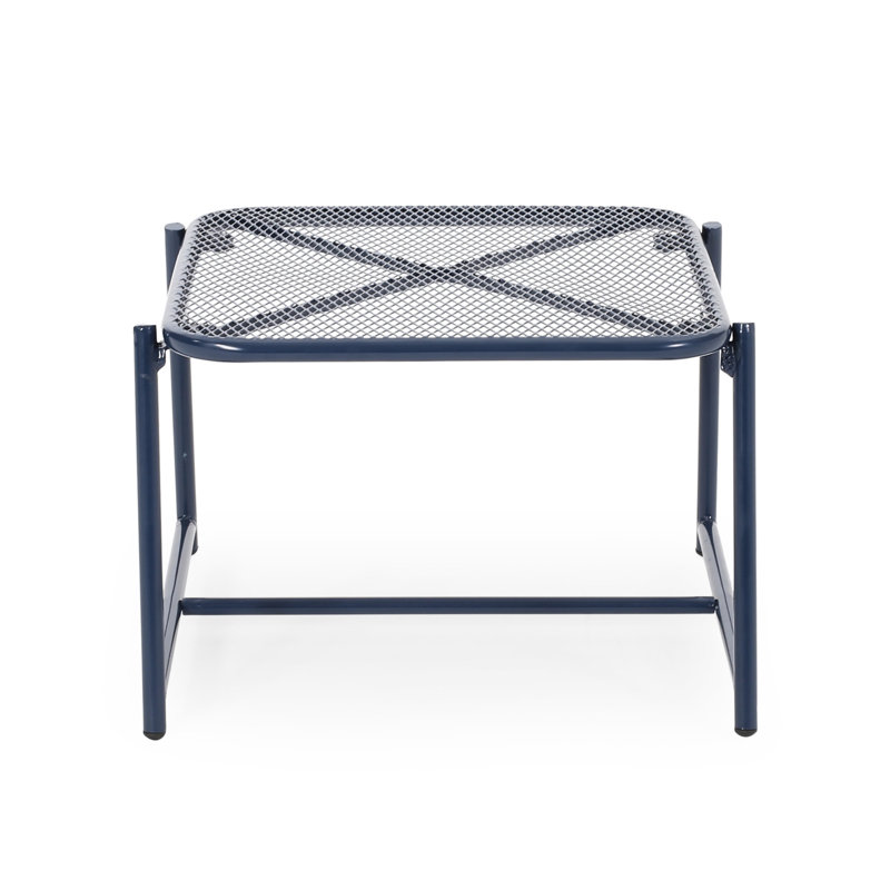 Outdoor Side Table In Navy Blue Iron, 12.92"H With Mesh Top And Modern Sled Base
