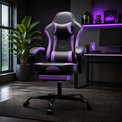 Fauteuil de jeu de course en cuir de polyuréthane bicolore, fauteuil de bureau pivotant inclinable verrouillable à 90 ° -135 ° avec appui-tête détachable, repose-pieds rétractable et accoudoirs à attaches synchrones 3D