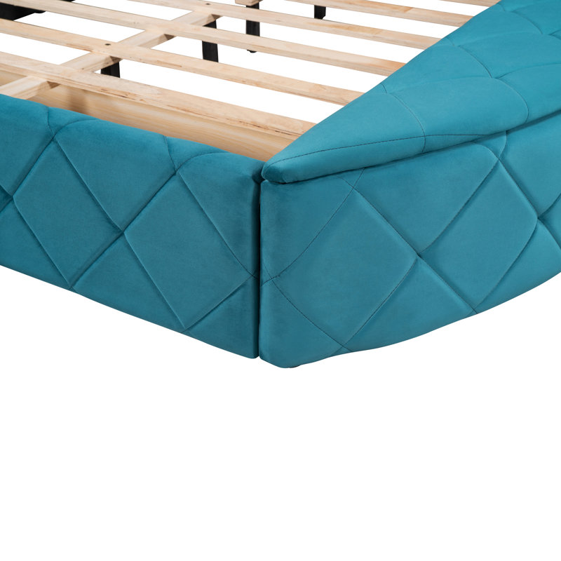 Lit tapissier grand en velours bleu avec tiroir, unité latérale et tête de lit, tiroir et tabourets, Blue