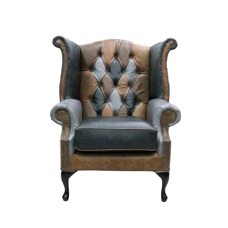 High Back Chesterfield Upholstered Wingback Chair, Cracked Wax Patchwork