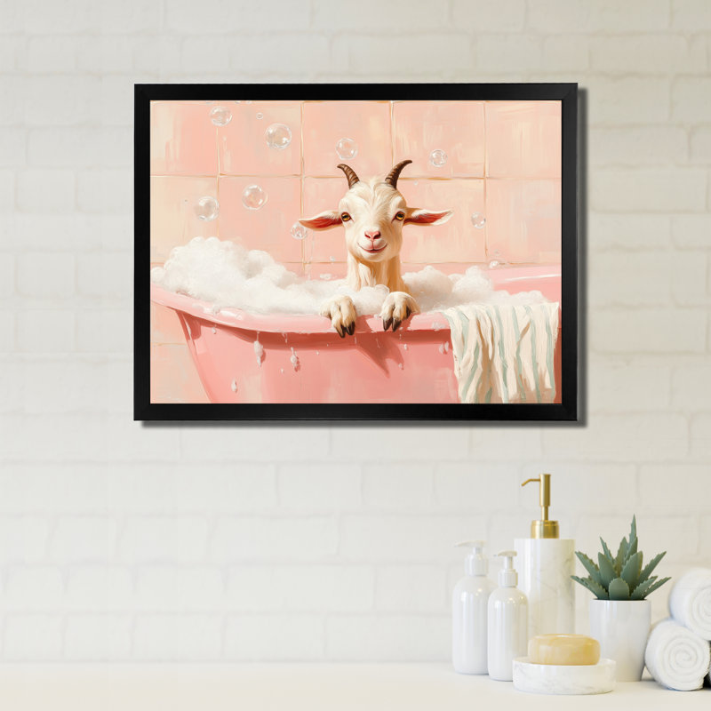 Bulles de bain à la pêche - Tableau encadré sur toile avec chèvre, H 34 po x l 44 po, Cadre photo noir