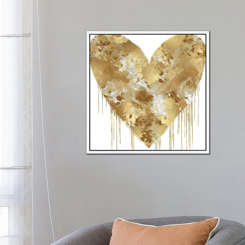 Big Hearted Gold And White by Lindsay Rodgers - Print on Canvas, 66.04cm H x 66.04cm W x 3.81cm D, White Framed