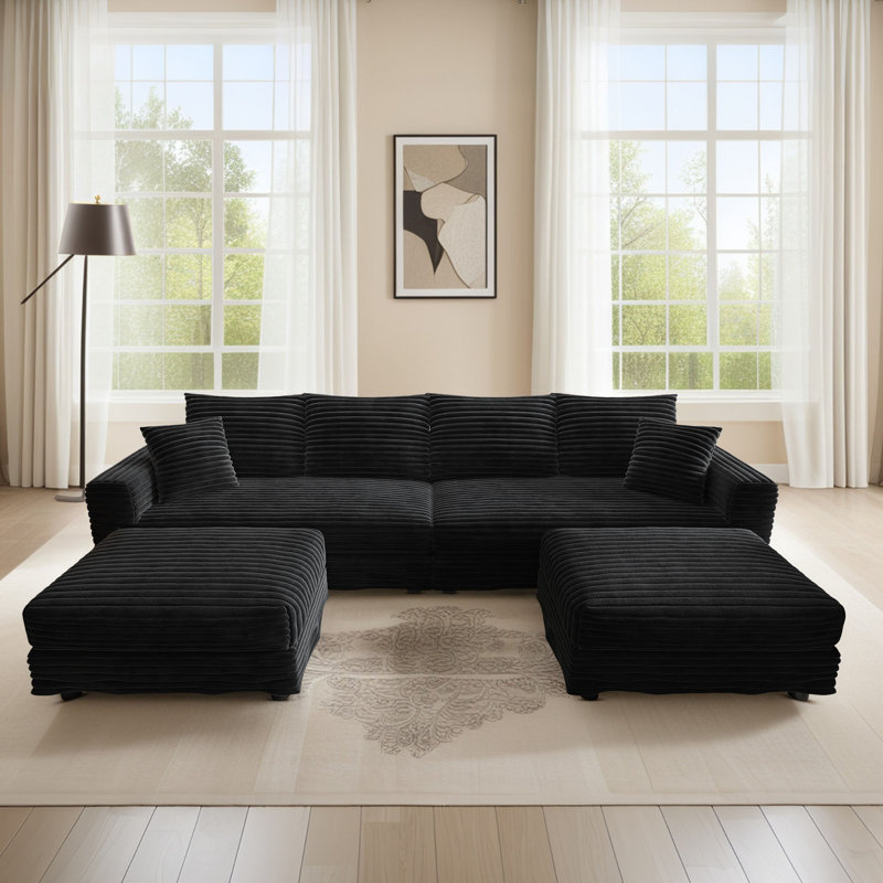 Canapé modulaire 103 po avec conversion de méridienne et 2 coussins décoratifs 103 po, Velours côtelé noir