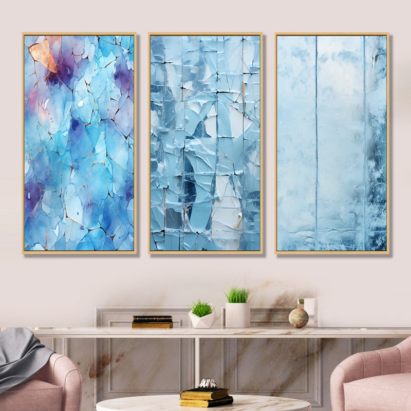 «White Blue Frosty Collage I», ensemble de 3 impressions sur toile, Cadre flottant brun, H 32 po x l 48 po