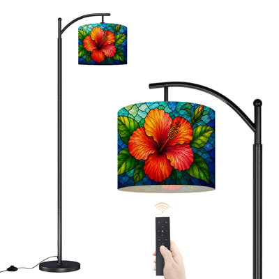  Lampe sur pied arc fleur d'hibiscus feuilles vertes vitrail haute lampe sur pied moderne abat-jour réglable en lin à 3 couleurs