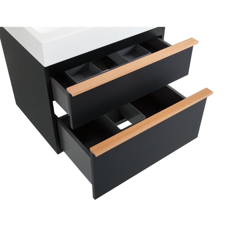 Meuble-lavabo mural moderne noir de 24 po avec lavabo en acrylique intégré, tiroirs à fermeture en douceur, finition mate tactile et rangement intelligent intégré, double lavabo personnalisable