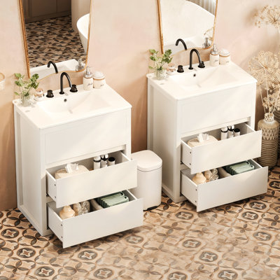 Meuble-lavabo double de 60 po avec deux lavabos en céramique séparés, tiroirs à extension, glissières de tiroir encastrées à fermeture en douceur, système de 45 poignées biseautées, couleur blanche, style traditionnel américain,