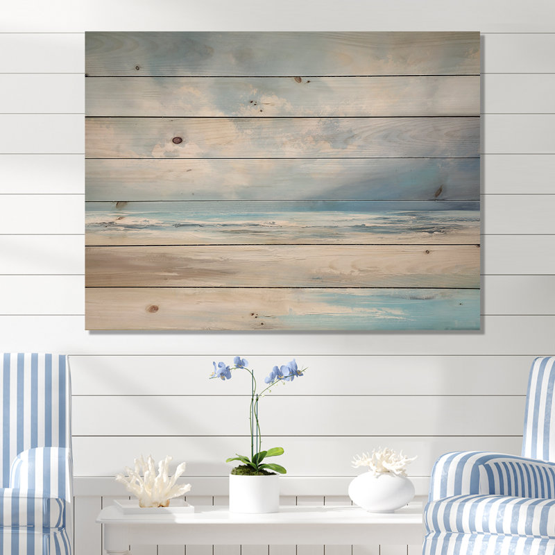 Coastal Beach Minimal Scenery - Coastal Ocean Wood Wall Art On Natural Pine Wood, 10" H x 20" W