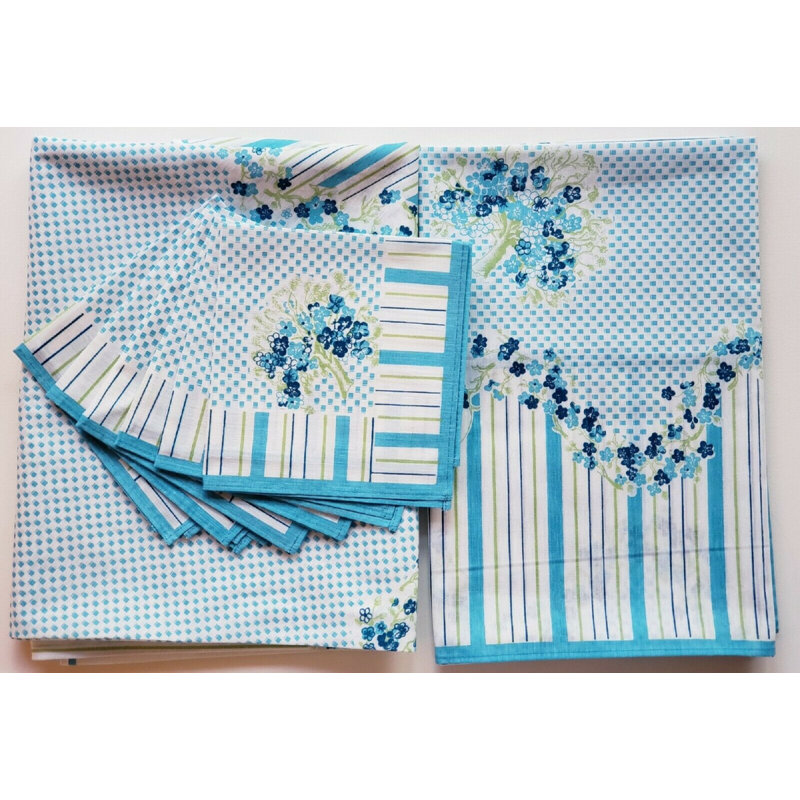 AdonisUSA Printed Round Tablecloth 6pcs napkin square set – Elegant Machine Washable Table Linen, Blue