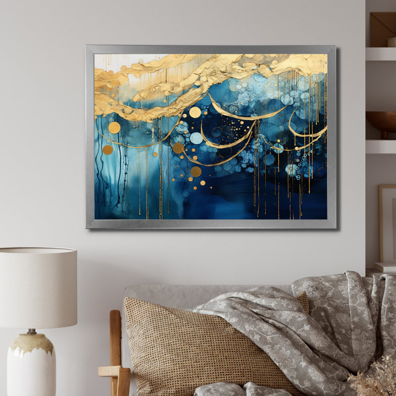Lumière du soleil se brisant dans les vagues - peinture murale abstraite, Cadre photo argenté, H 24 po x l 32 po x P 1 po