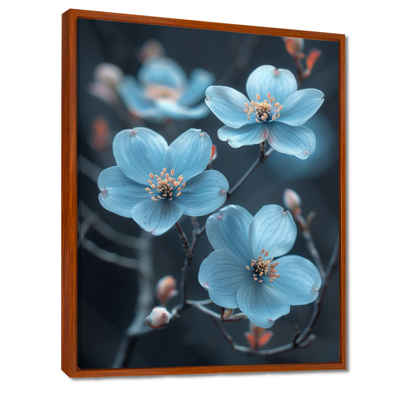 Monochromes bleus, paix, cornouiller fleur II - cornouiller, art mural, Toile avec cadre flottant brun