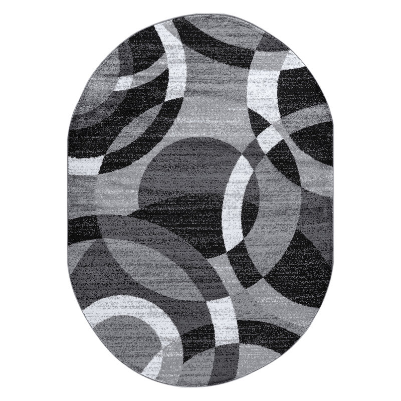 Tapis gris / noir / ivoire à motif géométrique tissé Mehul, Ovale 5 pi x7 pi