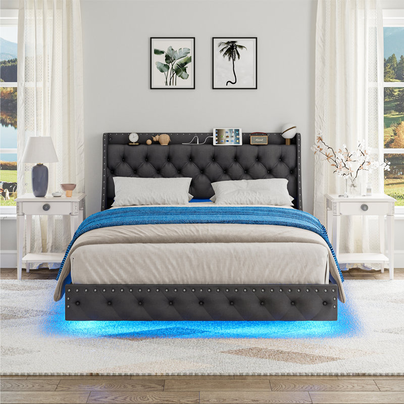 Modern Queen Bed Frame with Headboard, Upholstered Wingback Platform Bed With LED Lights, Charging Port, Fabric Floating Bed With Storage
