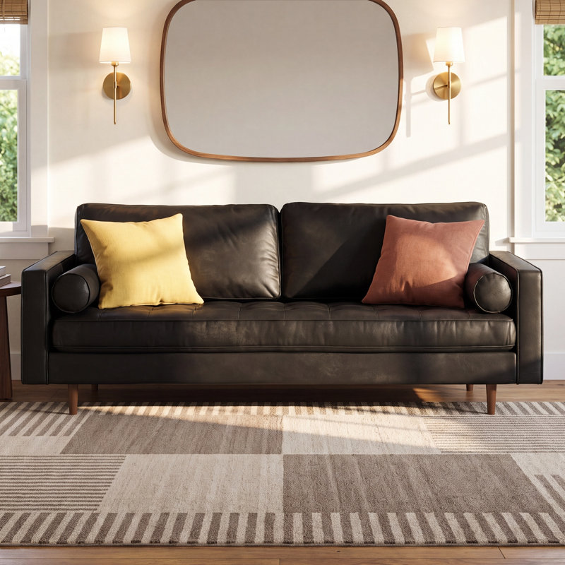 Canapé à accoudoirs carrés en cuir véritable 84 po Geo, Cuir véritable noir rétro