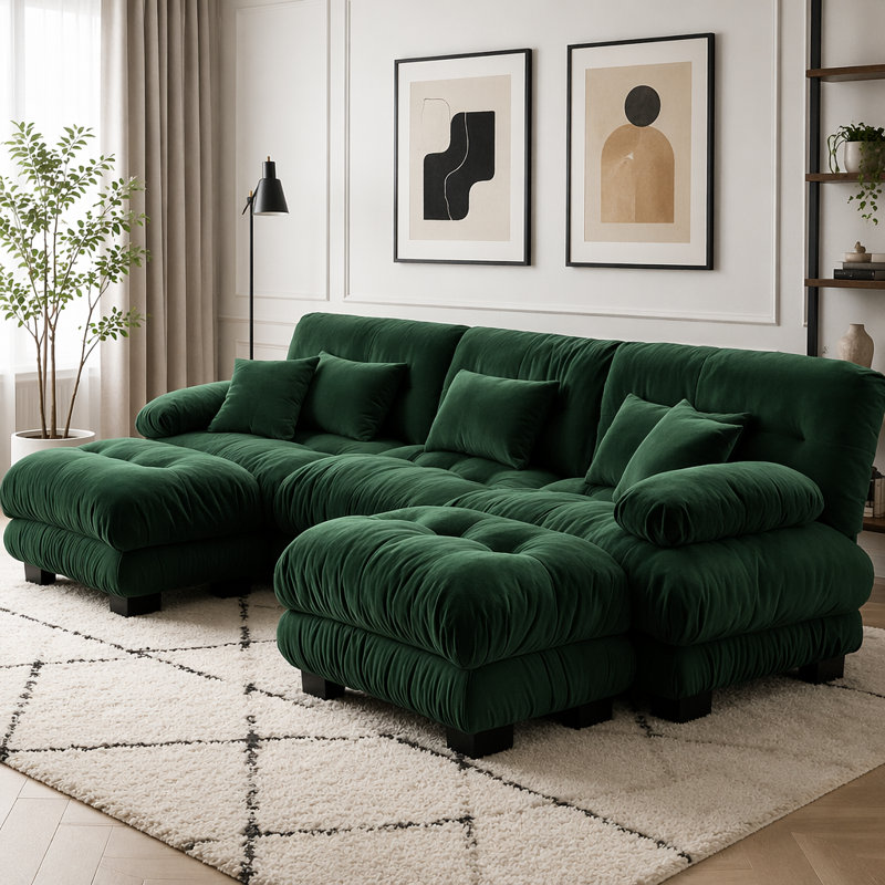 Canapé Cloud, canapé en chenille, Vert + 3 sièges + 2 chaises