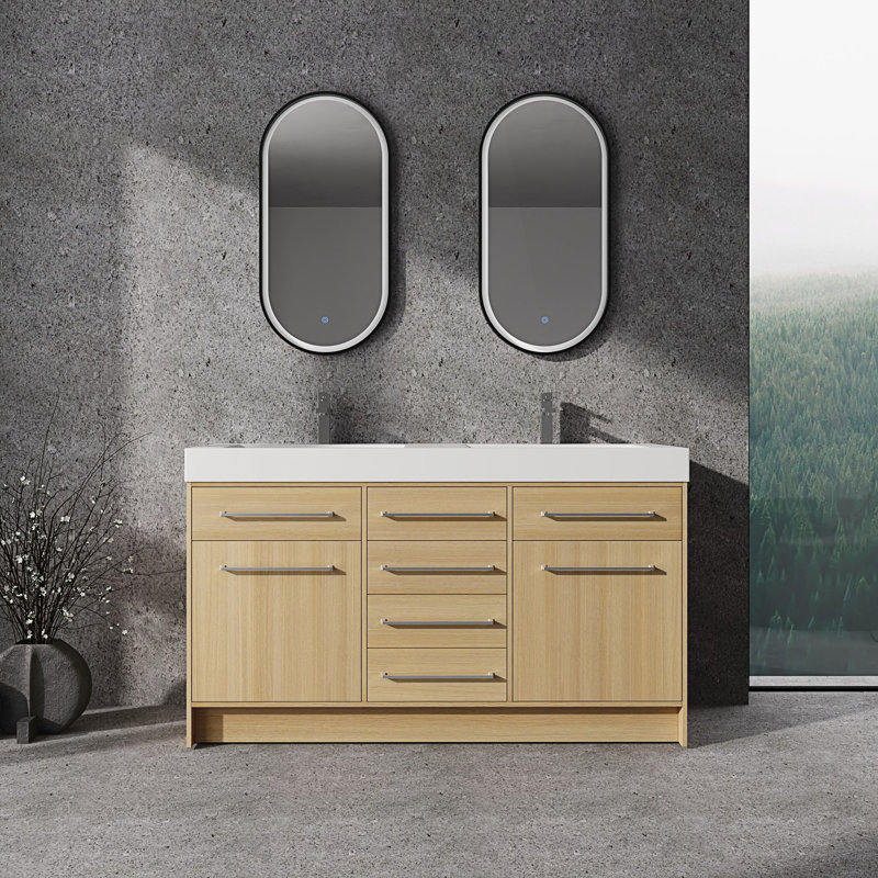 Meuble-lavabo autoportant avec double lavabo en résine, 2 portes à fermeture douce et 6 tiroirs à fermeture douce, 59"