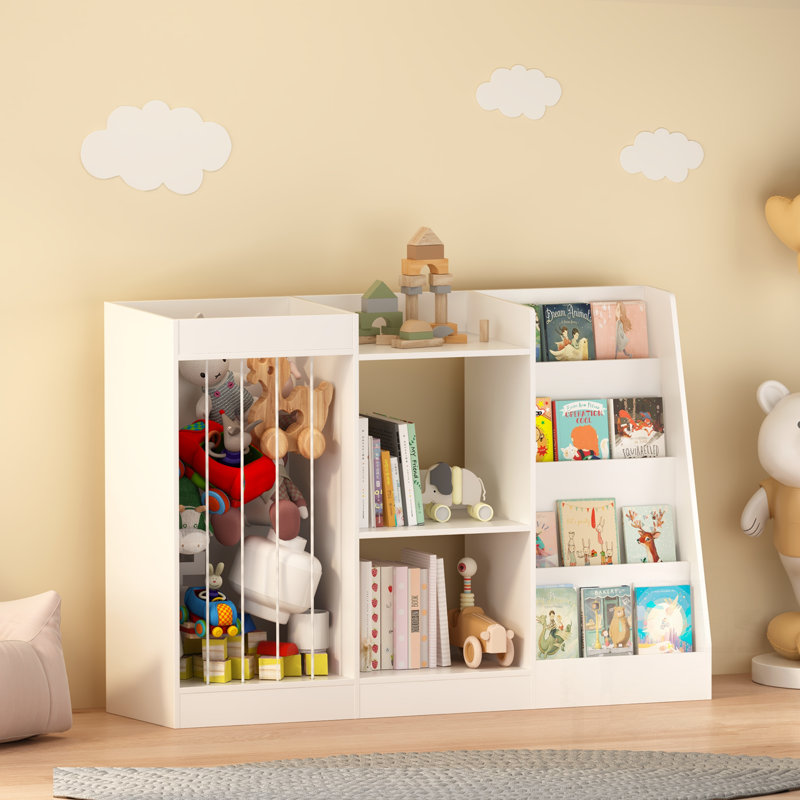 Organisateur de bibliothèque et de jouets pour enfants à 3 niveaux, conception en toile pour un accès facile, idéal pour la chambre de bébé et la salle de jeux, compatible Montessori, blanc