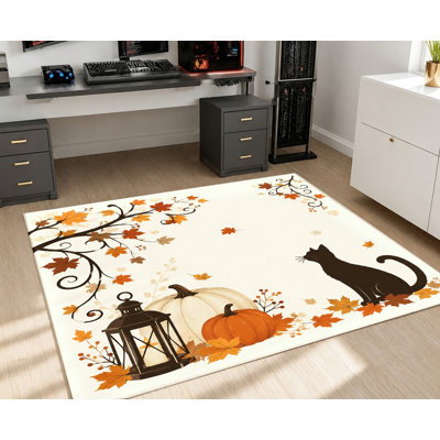 Tapis d'intérieur à thème automnal, citrouilles et chat noir avec motif de feuilles mortes, surface en velours, antidérapant, idéal pour le salon, la chambre, l'entrée ou un appartement.