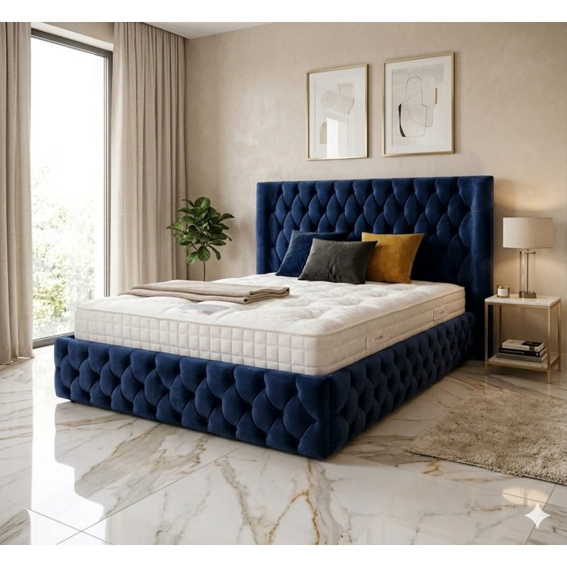 Chesterfield Upholstered Winged Bed Frame, 5FT( King Bed), Sapphire Blue, Plush Velvet