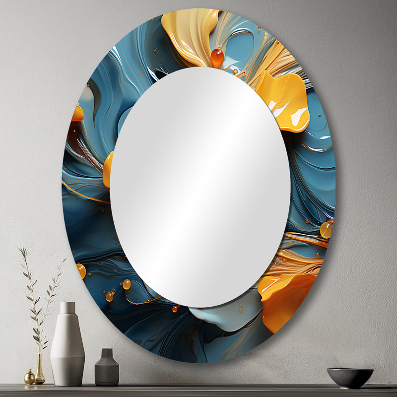 Feuilles d'oranger modernes flottant sur une vague bleu tendre - Grand miroir mural ovale sur support mÃ©tallique