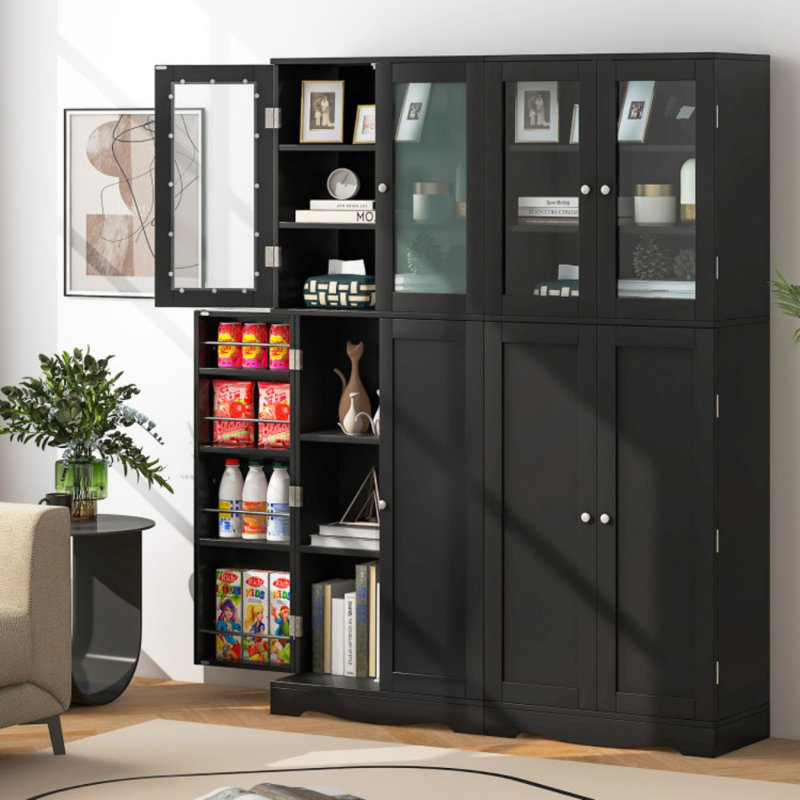 Tall Kitchen Pantry Cabinet With Dual Tempered Glass Doors And Shelves, Black