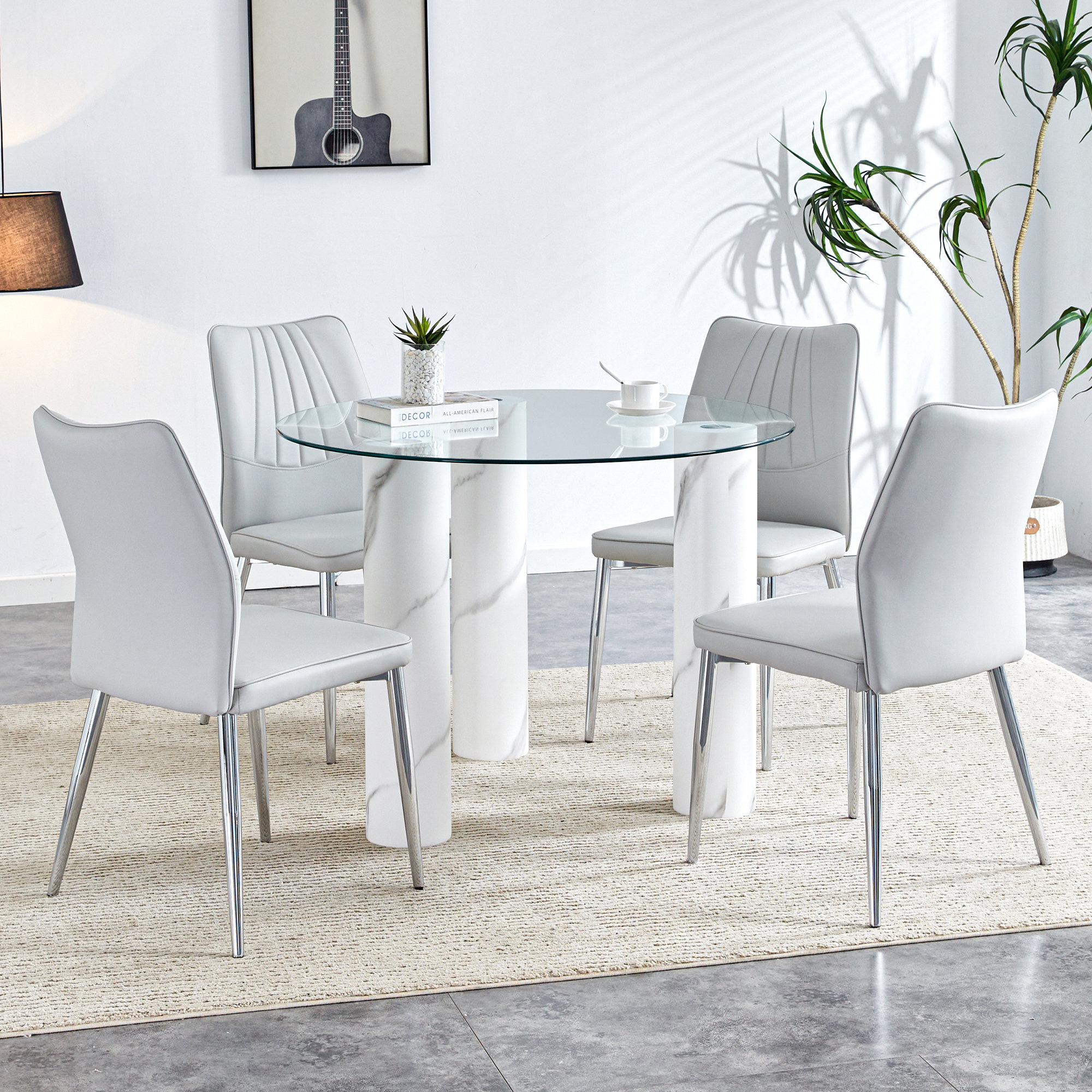 Wrought Studio '' Round Tempered Glass Dining Table For 4-6, With White ...