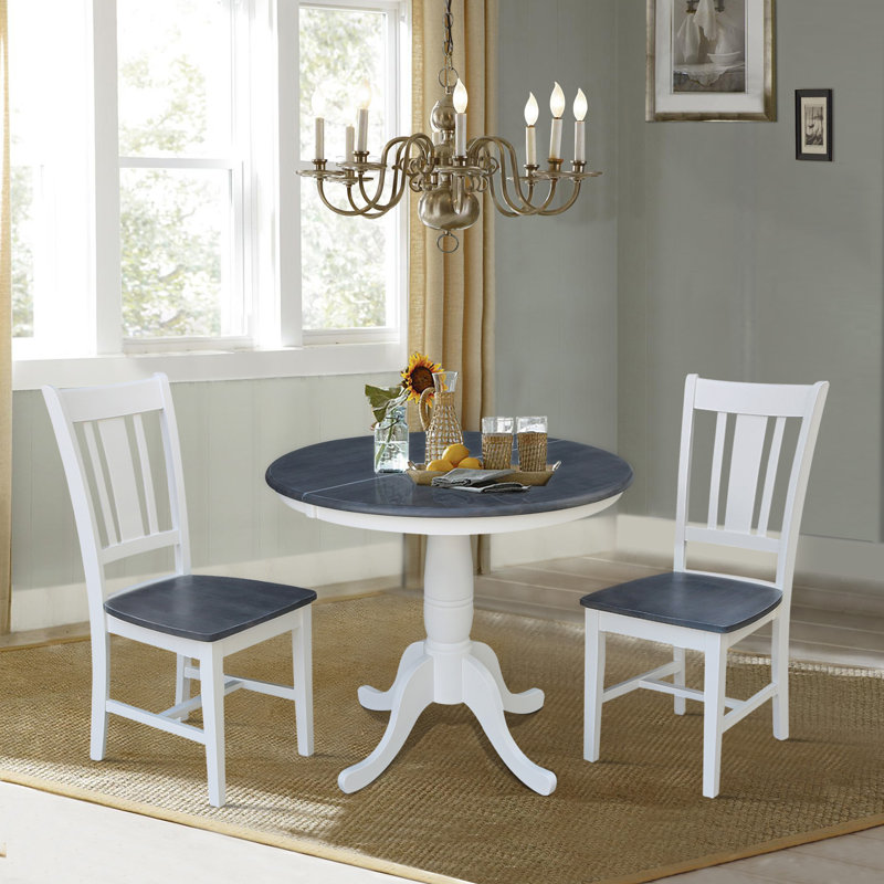 Garbaez Extendable Solid Wood Top Pedestal Dining Set, White/Heather Gray