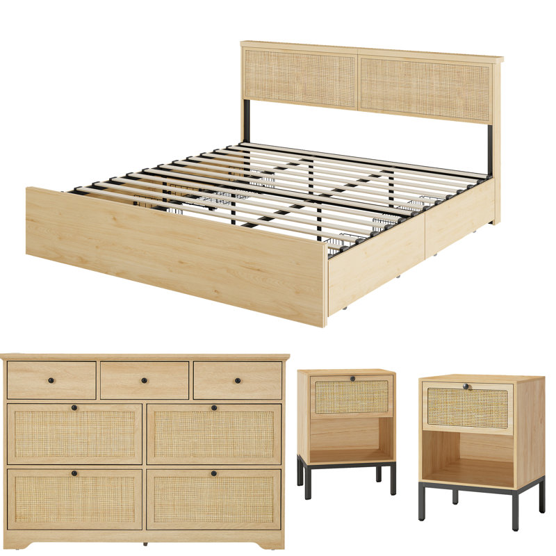 Boho Natural Rattan 4-piece Bedroom Set, Full / Double