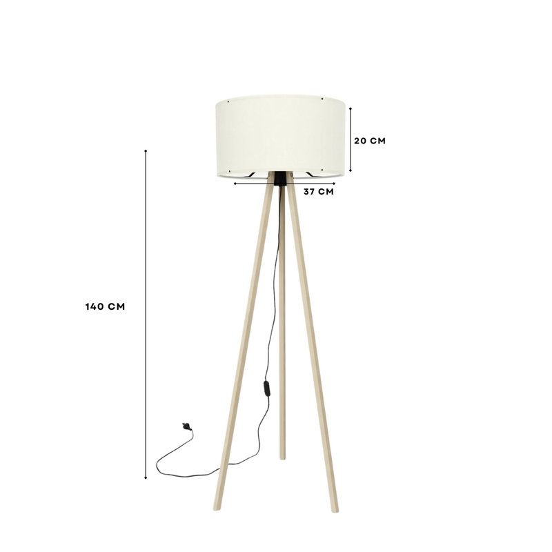 Scandinavian Floor Lamp, Cream & Oak, 15.0 x 55.1 inches | 70% MDF & 30% PVC Fabric | E27 Socket, Max 40W | On/Off Switch on Cable | Elegant & Modern Design for Living Room, Bedroom, & Home Office Decor
