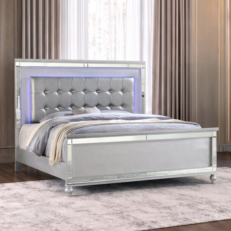 Denard Upholstered Standard 4 Piece Bedroom Set, Silver, Queen, 4 Pcs: Bed, Nightstand, Dresser, Mirror