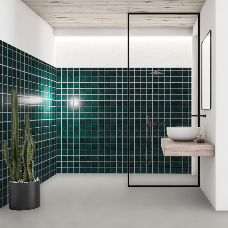 Recollect 4" W x 4" L Glass Wood Look Tile Mosaic Sheet, Teal
