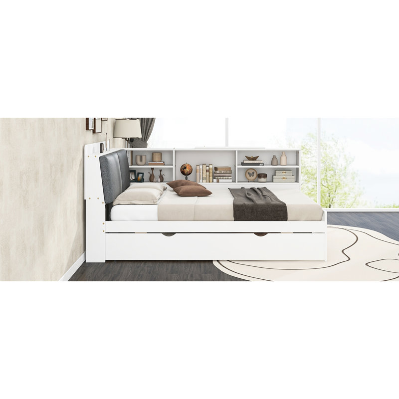 Lit en bois avec lit gigogne, tablettes et tête de lit blanche - Solution de rangement pour lit gigogne pleine grandeur