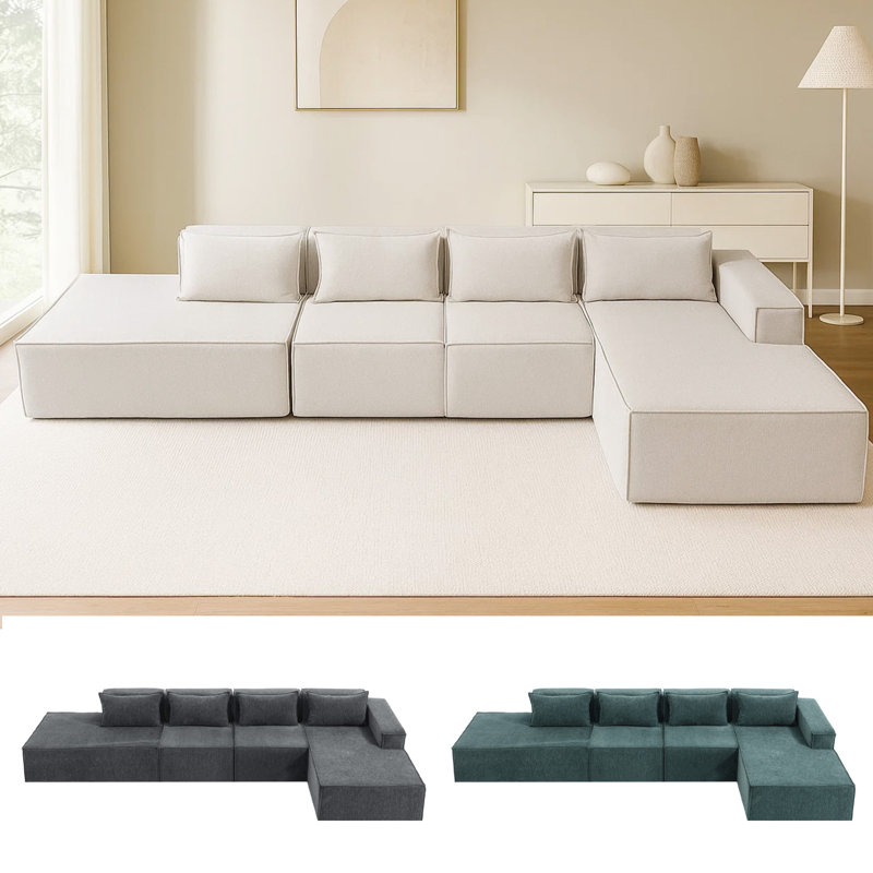 Canapé en chenille 4 pièces sans assemblage requis, Chenille beige, Orienté à gauche (vu de face)