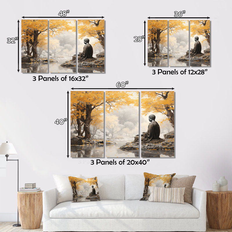 "Bouddha gris et jaune, chemin éclairé III" sur toile, 3 pièces, H 28 po x l 36 po x P 1 po
