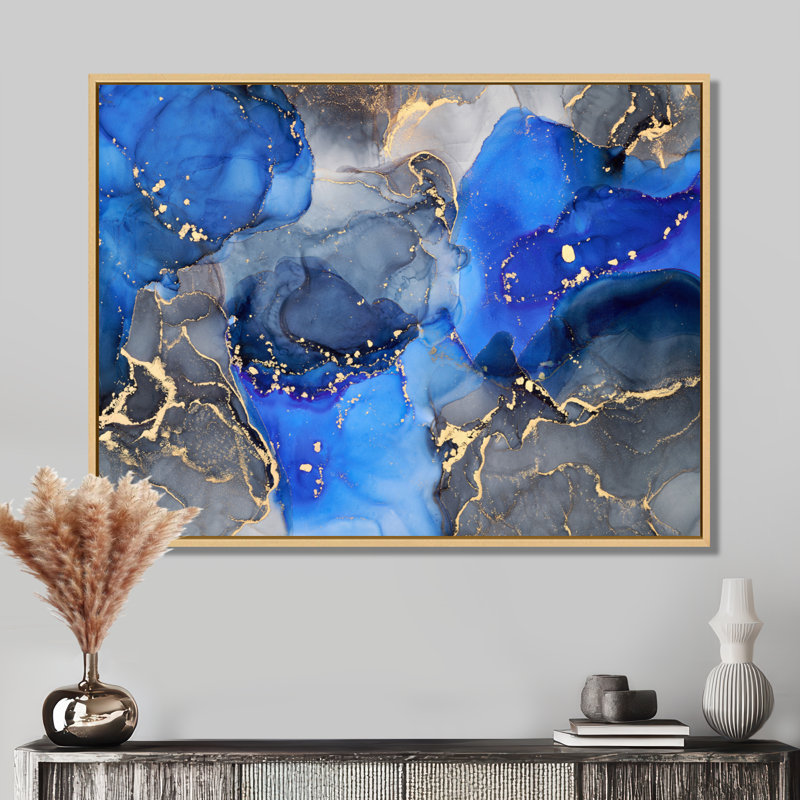 «Blue and Black Luxury Abstract Fluid Art I», reproduction d'art sur toile, H 12 po x l 20 po, Érable