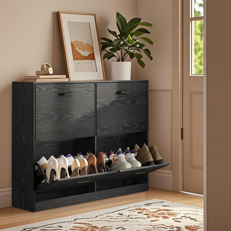 24 Pairs Shoe Cabinet with 4 Flip Drawers, Adjustable and Removable Dividers, Ebony Black