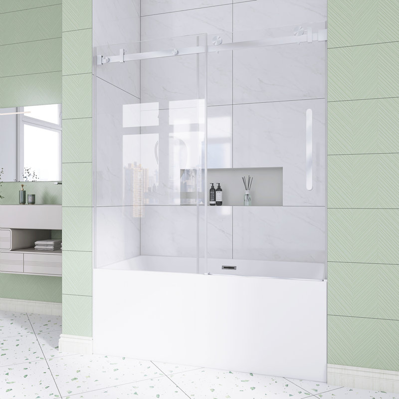 56-60 In. W × 60 In. H Frameless Single Sliding Shower Door With 1/4" Clear Tempered Glass In Brushed Nickel |  Explosion Proof Film |  Stainless Steel Handle | Square Tube Track