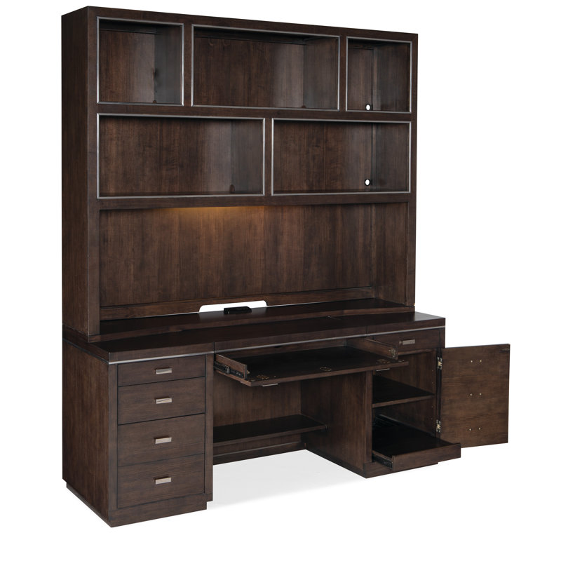 Dark Brown Hardwood Credenza Hutch with Shelves