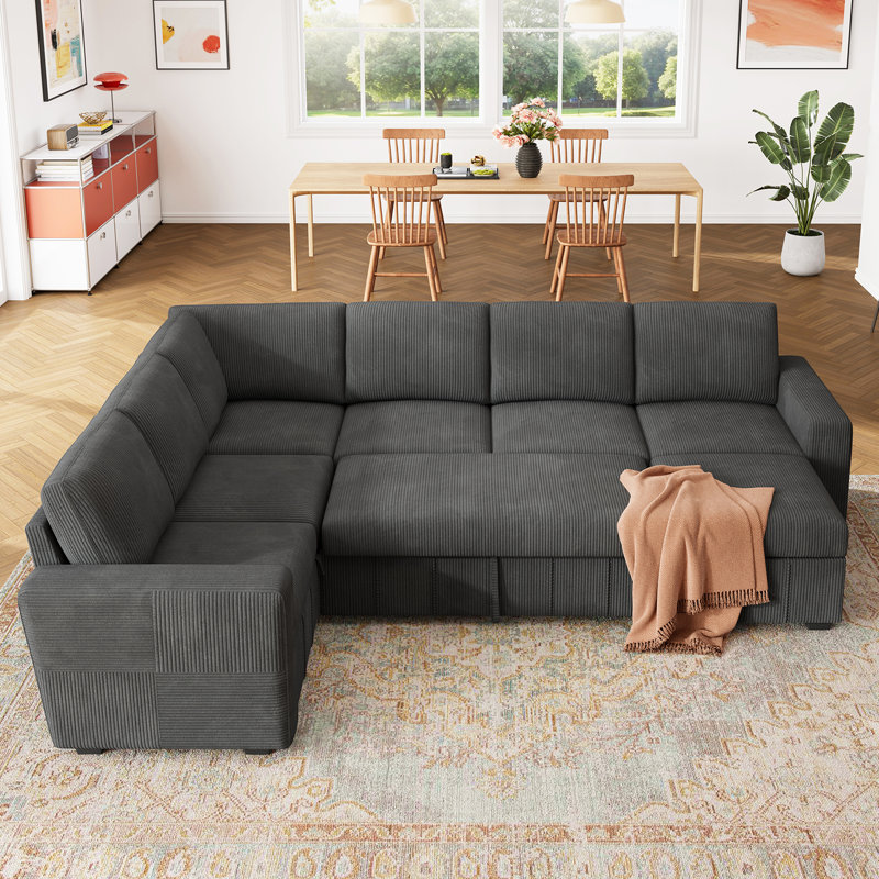 Abramson U-Shaped Corduroy Modular Sofa Bed with Storage, Gray Corduroy