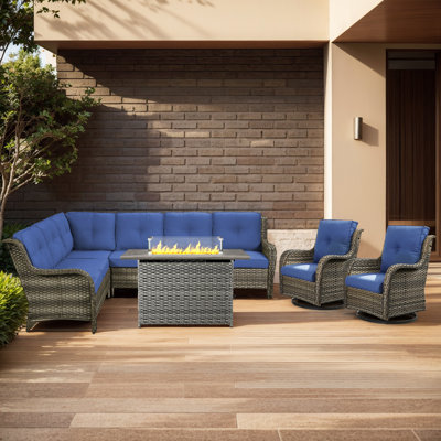 Carolina Wicker 7 - Person Patio Conversation Sets With Firepit With Cushions
