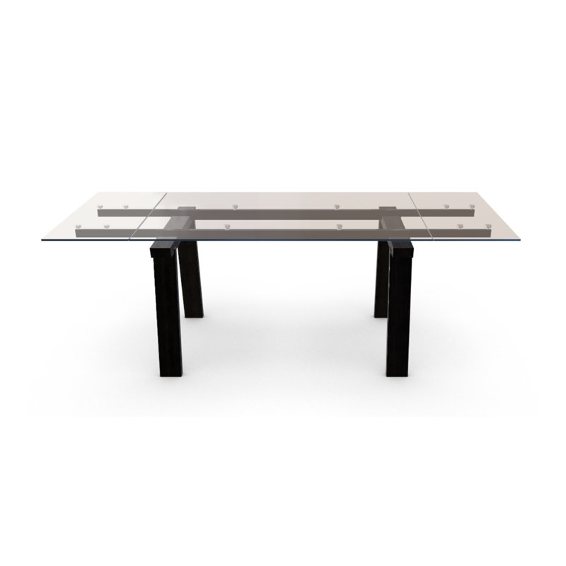 Levante Glass Extendable Table with Wooden Legs, 30"H x 55.13"L x 35.5"W, Clear/Black