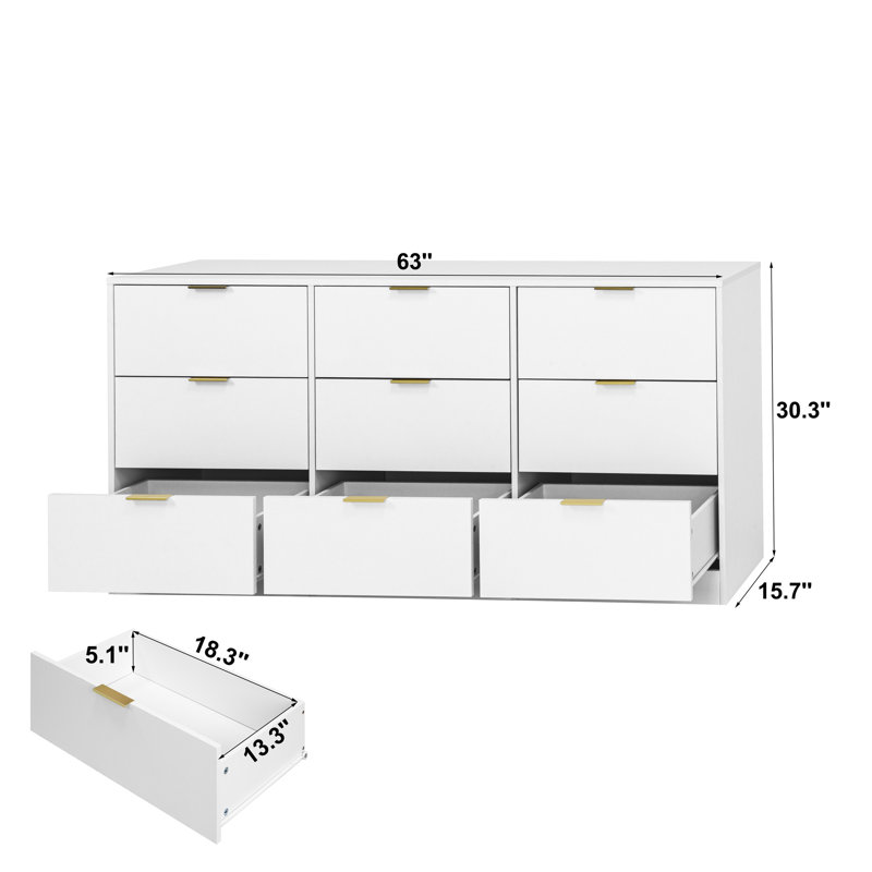 Commode 9 tiroirs 63 po pour chambre, Blanc