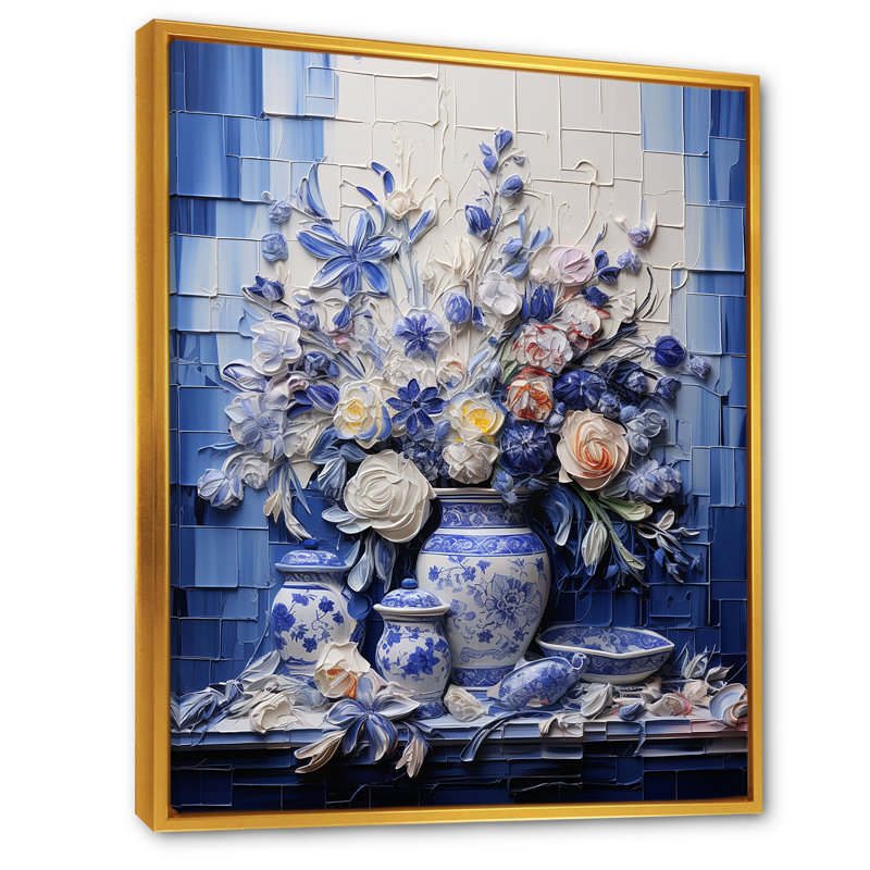 Art mural bleu et blanc Boho Flower Pottery III - Boho Pottery, Cadre flottant doré, H 20 po x l 12 po x P 1 po