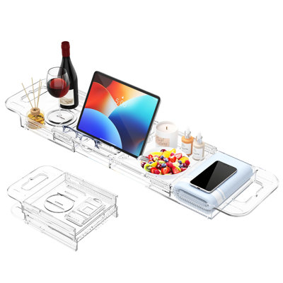 Plateau de baignoire extensible, plateaux de table de salle de bain pliables Accessoires de baignoire et de salle de bain de luxe, (transparent)